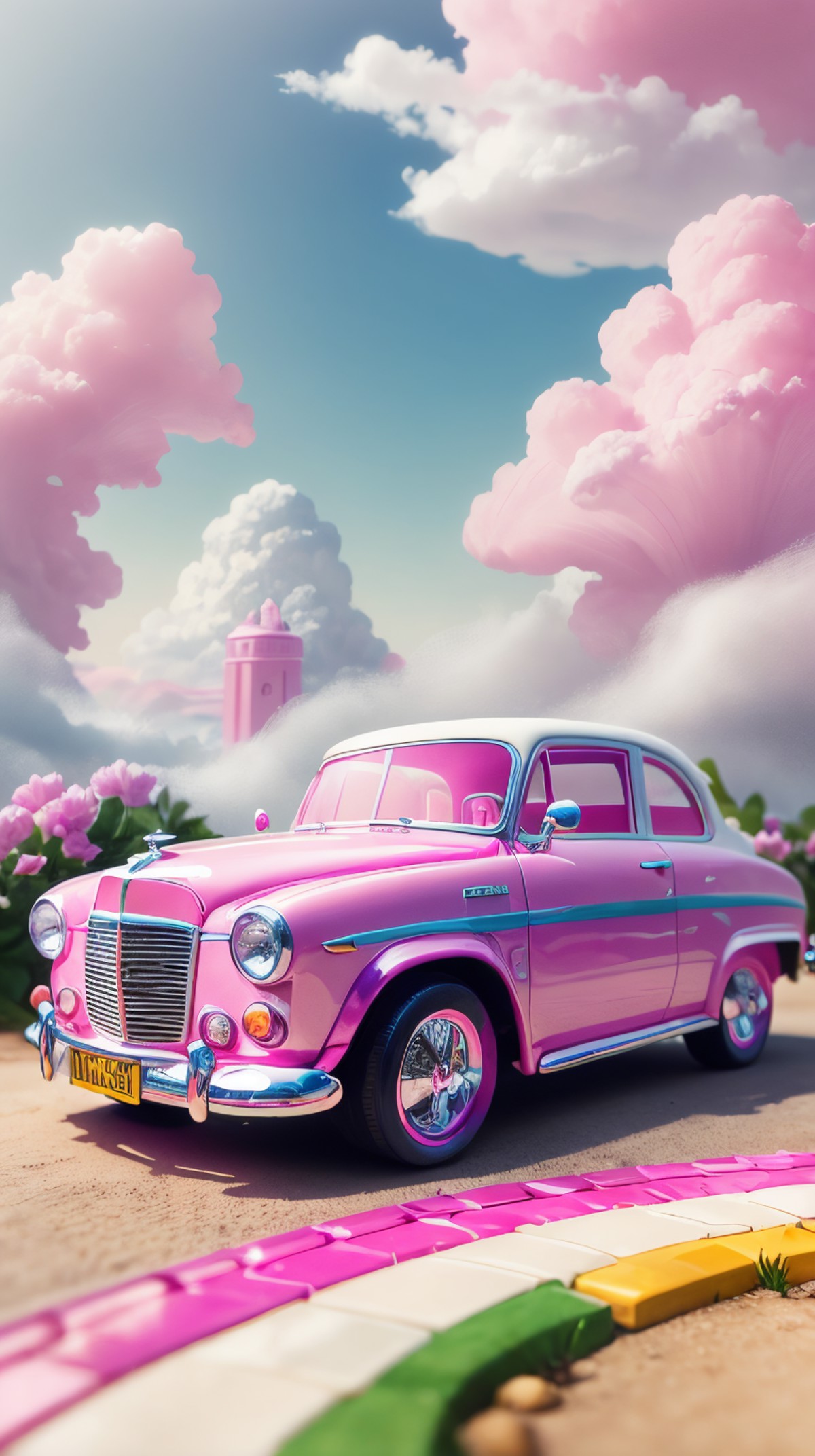 <lora:BarbieCore:0.8> BarbieCore a vintage car driving along a rainbow road in the clouds, (shiny plastic:0.8), (pink and ...